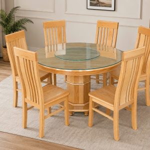 Bộ Bàn Ăn Tròn 6 Ghế Gỗ Sồi (màu Trắng)