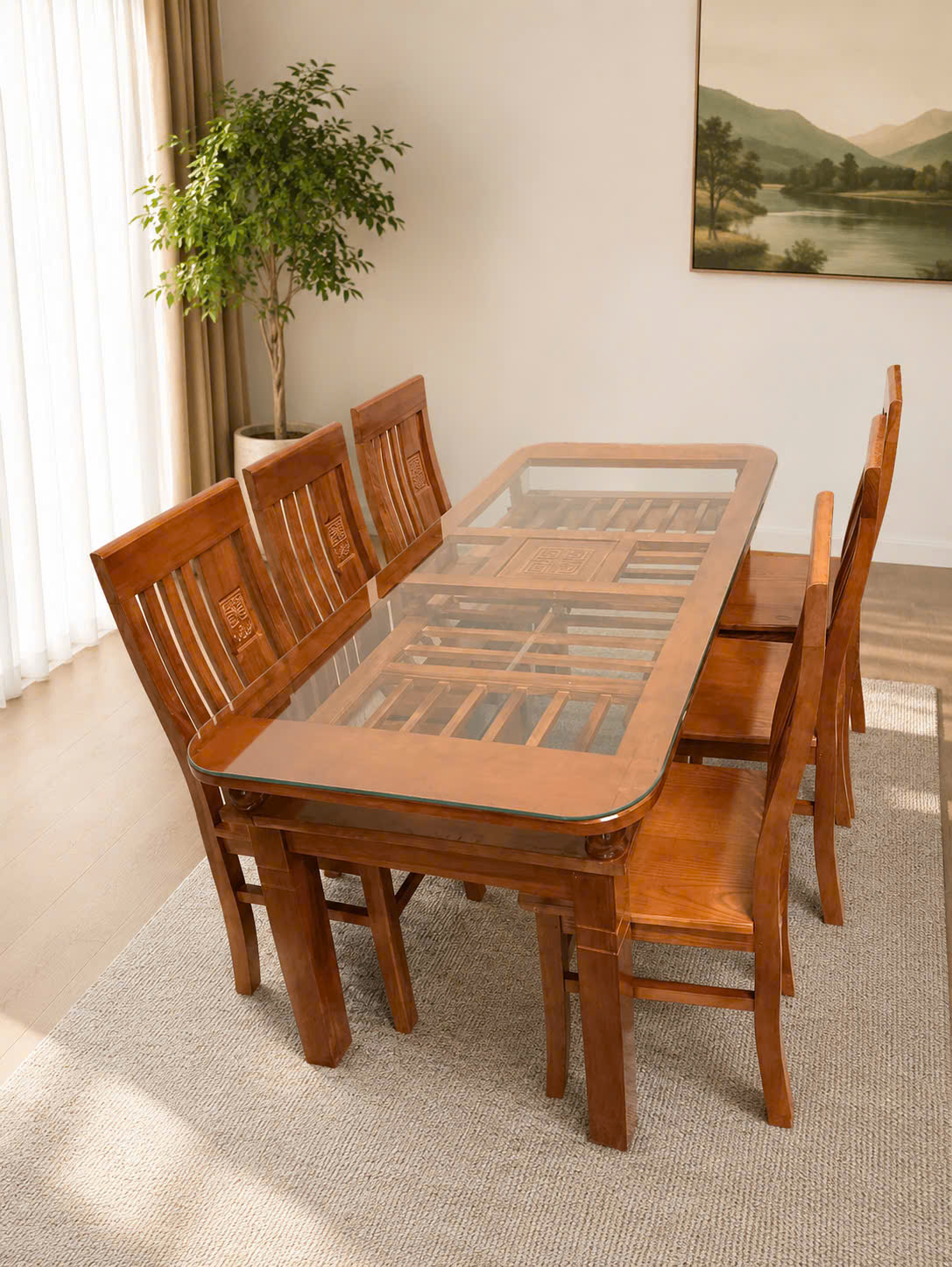 Bộ Bàn Ăn 2 Tầng 6 Ghế Gỗ Sồi (màu Cánh Dán)