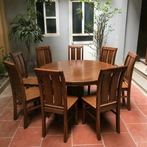 Bộ Bàn Ăn Tròn 8 Ghế Kiểu 2 Lá - Gỗ Sồi (màu Óc Chó)