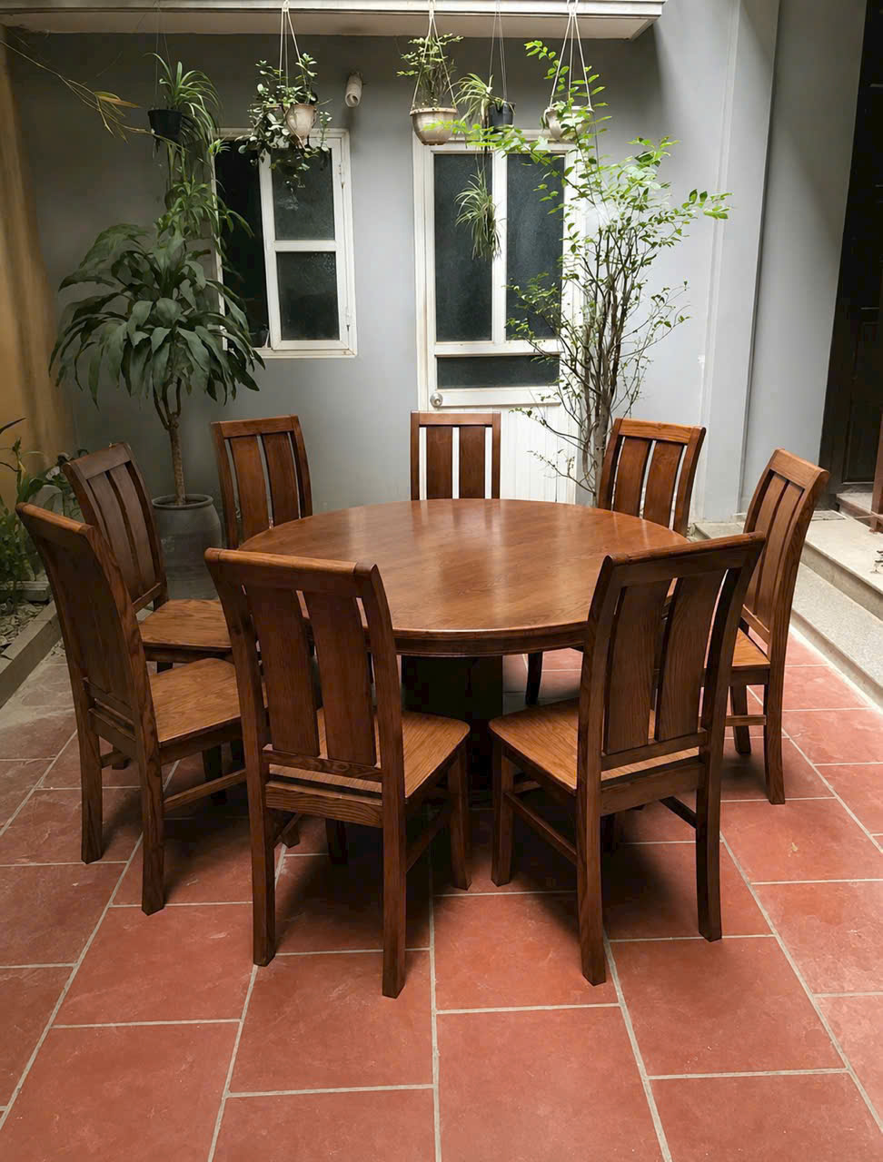 Bộ Bàn Ăn Tròn 8 Ghế Kiểu 2 Lá - Gỗ Sồi (màu Óc Chó)
