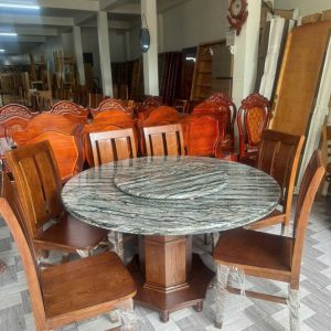 Bộ Bàn Ăn Mặt Đá Chân Tròn 6 Ghế Kiểu 2 Lá - Gỗ Sồi (màu Óc Chó)