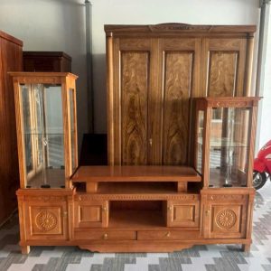 Kệ TV Kèm Tủ Rượu Kính Lệch Gỗ Sồi