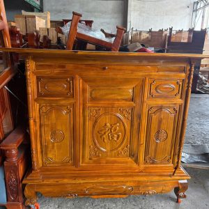 Tủ Thờ Gỗ Tràm Chạm Chữ ngang 1m27 màu Vàng
