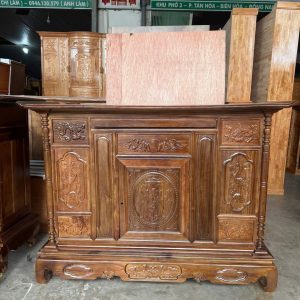Tủ Thờ Gỗ Tràm Chạm Tam Đa ngang 1m27 màu Nhớt