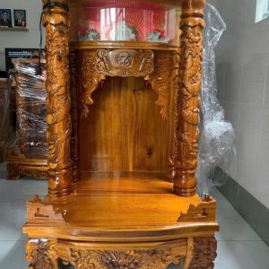 Bàn Thờ Ông Địa Hộp Đèn và Cột Gỗ Tràm ngang 50cm