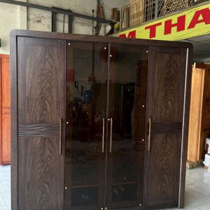 Tủ Áo 4 Cánh Gỗ Óc Chó - Cửa Kính Hiện Đại